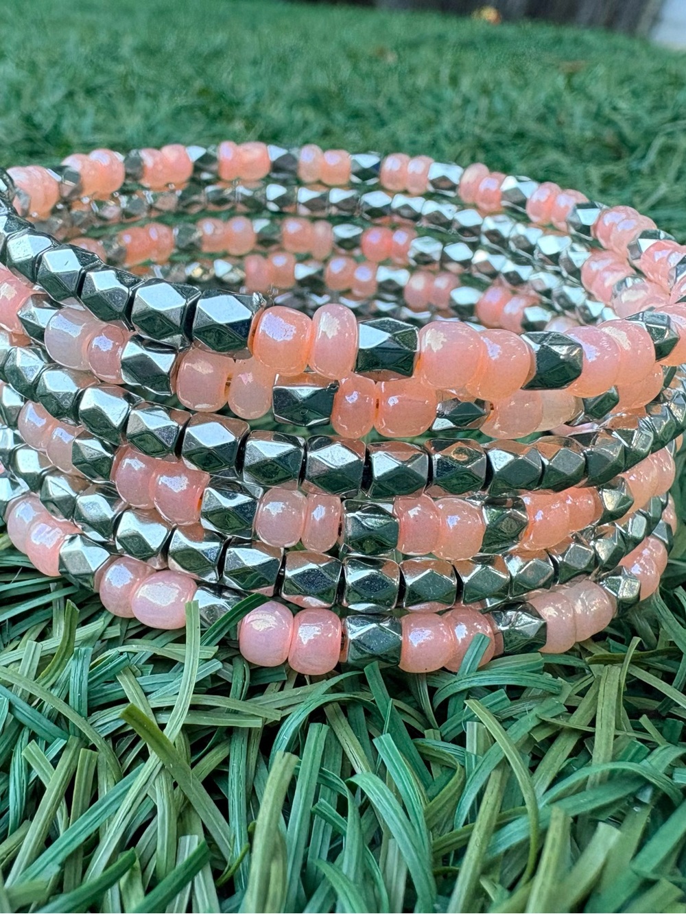Stretch Beaded Bracelet Stack in Peach Pink and Silver
